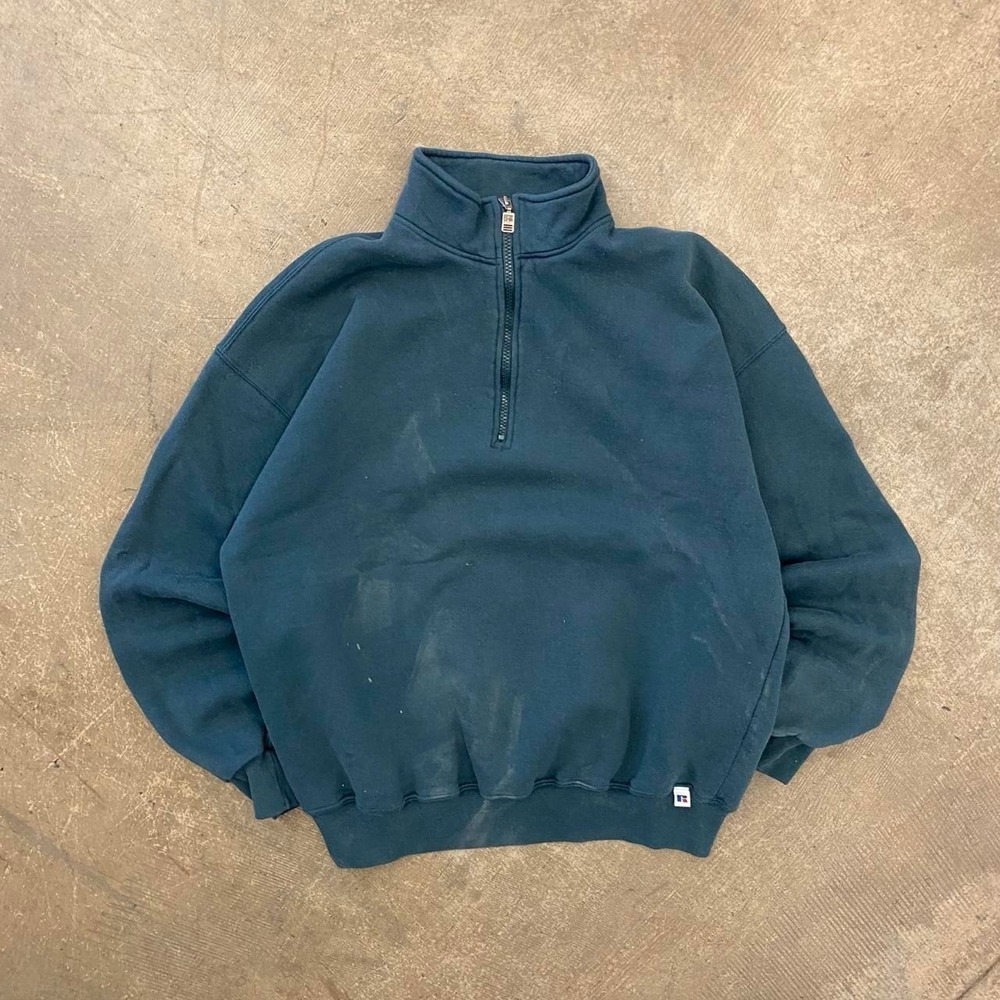 Vintage 90s Russell Athletic Green Quarter Zip Blank Crewneck Sweatshirt Size XL